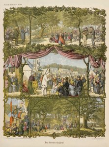 Scene from a Danish county fair, Fra Dyrehavsbakken, from a broadsheet published by Michaelsen & Tillage, 1850